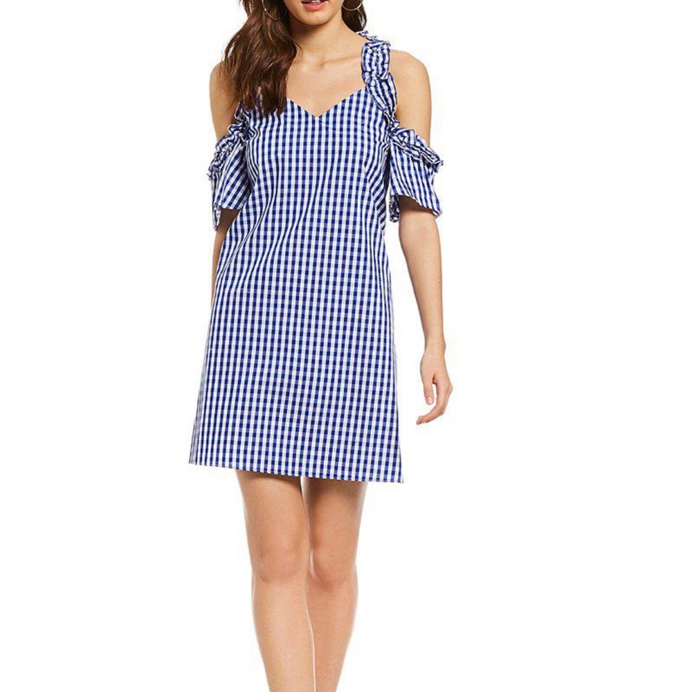 Sugar Lips Gingham Ruffle Cold Shoulder Dress
